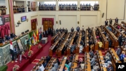 Egyptian President Abdel-Fattah el-Sissi, middle, on the far left table seated, addresses the Ethiopian parliament Wednesday, March 25, 2015, in Addis Ababa Ethiopia.