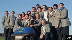 Europe team members celebrate winning the 2010 Ryder Cup golf tournament at the Celtic Manor Resort in Newport, Wales, 04 Oct 2010