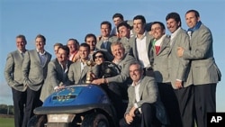 Europe team members celebrate winning the 2010 Ryder Cup golf tournament at the Celtic Manor Resort in Newport, Wales, 04 Oct 2010