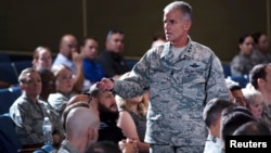 Lt. Gen. Jay Silveria, superintendent of the U.S. Air Force Academy, discusses his goals and priorities to an audience of Total Force Airmen at the United States Air Force Academy in Colorado, U.S. on Aug.17, 2017. 