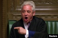 Speaker of the House John Bercow announces the results of the vote on Brexit options in Parliament in London, March 27, 2019, in this screen grab taken from video.