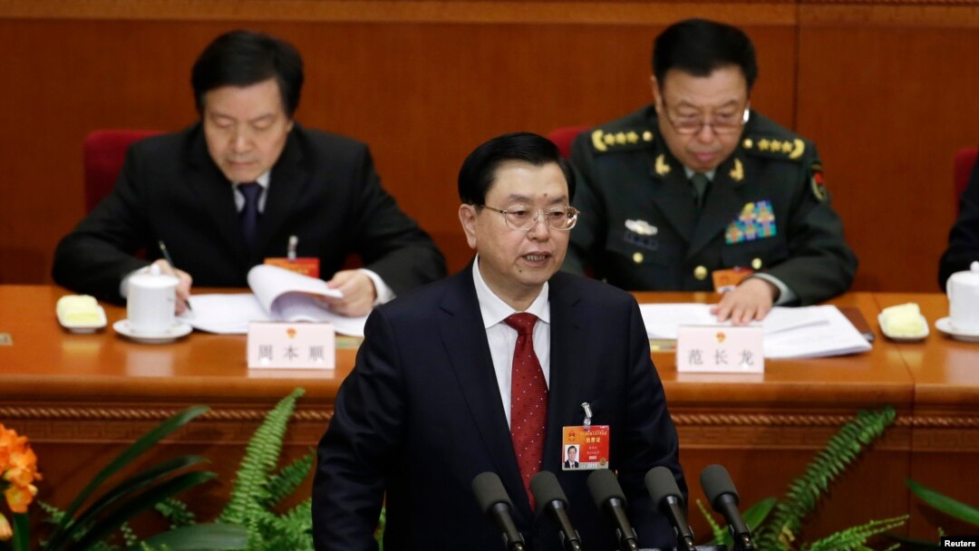 中国全国人大委员长张德江在北京人大会堂全国人大会议上发表讲话。（2015年3月8日）