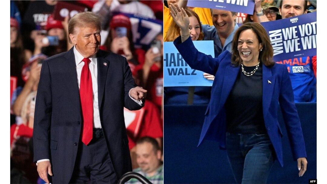 前美国总统、共和党总统候选人唐纳德·特朗普 (Donald Trump) (左) 于 2024 年 11 月 1 日出席密歇根州的竞选集会。美国副总统、民主党总统候选人卡马拉·哈里斯 (Kamala Harris) (右) 10 月 31 日在内华达州参加竞选集会时走上舞台的画面。 (AFP)