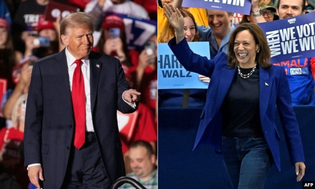 前美国总统、共和党总统候选人唐纳德·特朗普 (Donald Trump) (左) 于 2024 年 11 月 1 日出席密歇根州的竞选集会。美国副总统、民主党总统候选人卡马拉·哈里斯 (Kamala Harris) (右) 10 月 31 日在内华达州参加竞选集会时走上舞台的画面。 (AFP)