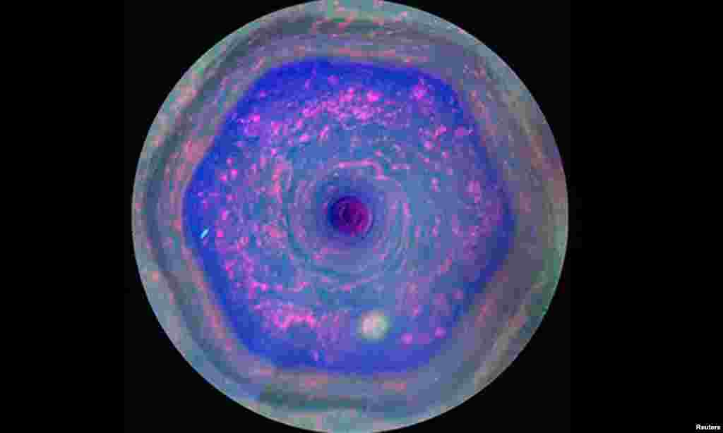 The unique six-sided jet stream at Saturn's north pole known as "the hexagon" taken by NASA's Cassini mission