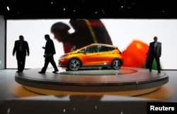 FILE - A Chevrolet Bolt EV electric vehicle is displayed at the North American International Auto Show in Detroit, Michigan, Jan. 12, 2016.