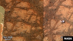 The images are from Opportunity's panoramic camera (Pancam). The one on the left is from 3,528th Martian day, or sol, of the rover's work on Mars (Dec. 26, 2013). The one on the right, with the newly arrived rock, is from Sol 3540 (Jan. 8, 2014). ( NASA/JPL-Caltech/Cornell Univ./Arizona State Univ.)