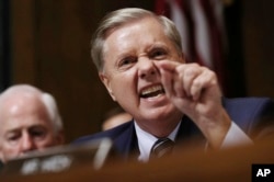 Sen. Lindsey Graham, R-S.C., makes a point during a hearing with Supreme Court nominee Brett Kavanaugh before the Senate Judiciary Committee, Sept. 27, 2018, in Washington.