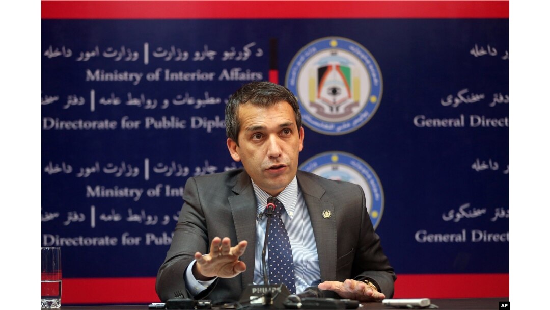 Sediq Sediqi, spokesman for the Afghan interior ministry, speaks with news media about a militant pre-dawn attack in Kunduz, at the interior ministry in Kabul, Afghanistan, Sept. 28, 2015.