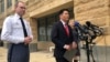 From left to right, Prince George’s County Police Chief Henry Stawinski, U.S. Attorney Robert Hur, of the District of Maryland, and Jennifer Moore, Baltimore special agent, address reporters April 9, 2019, in Greenbelt, Maryland.
