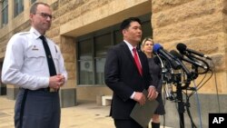 From left to right, Prince George’s County Police Chief Henry Stawinski, U.S. Attorney Robert Hur, of the District of Maryland, and Jennifer Moore, Baltimore special agent, address reporters April 9, 2019, in Greenbelt, Maryland.