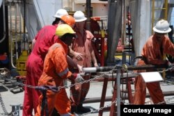 A core containing fossil coral material is removed from the core barrel aboard the Greatship Maya. (Credit: G. Lott, ECORD/IODP)