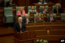 U.S. Senator John McCain addresses Kosovo lawmakers during his visit to Pristina, April 13, 2017.