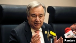 U.N. Secretary-General Antonio Guterres talks to reporters in Addis Ababa, Ethiopia, Jan. 28, 2018. The United Nations announced Feb. 2, 2018, that it would take new steps to protect its staff from sexual harassment in the workplace.