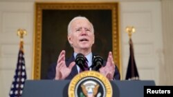 Presiden AS Joe Biden menyampaikan pidato di Gedung Putih, Washington, D.C,, 5 Februari 2021.