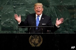 FILE - In this Sept. 19, 2017, file photo, U.S. President Donald Trump addresses the 72nd session of the United Nations General Assembly, at U.N. headquarters.