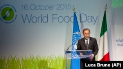 UN Secretary-General Ban Ki-moon delivers his speech at the Expo world's fair of the United Nations Food and Agriculture Organization (FAO) in Rho, near Milan, Italy, Friday, Oct. 16, 2015.