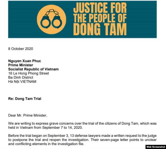 Thư chung của các nhóm nhân quyền và nghị sĩ quốc tế gửi Thủ tướng Nguyễn Xuân Phúc về vụ xử Đồng Tâm. Photo Lawyers Rights Watch Canada (LRWC).