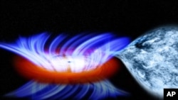 This artist's impression shows a binary system containing a stellar-mass black hole . The strong gravity of the black hole, on the left, is pulling gas away from a companion star on the right, which forms a disk of hot gas around the black hole, and the w