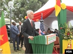 U.S. Ambassador to Cameroon Peter Barlerin speaks at the inauguration of the center, in Yaounde, Cameroon, Dec. 3, 2018. (M. Kindzeka/VOA)
