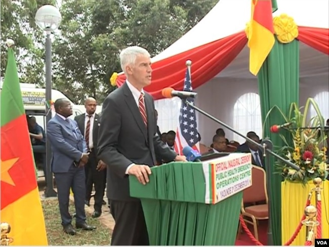 U.S. Ambassador to Cameroon Peter Barlerin speaks at the inauguration of the center, in Yaounde, Cameroon, Dec. 3, 2018. (M. Kindzeka/VOA)