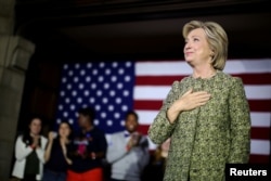 U.S. Democratic presidential candidate Hillary Clinton reacts after speaking at a campaign event at Temple University in Philadelphia, Pennsylvania, Sept. 19, 2016.