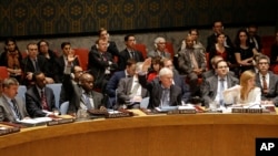 Members of the Security Council vote in favor of putting North Korea's human rights situation on the council's agenda during a meeting on Monday, Dec. 22, 2014.