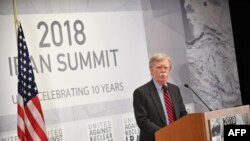 Penasihat Keamanan Nasional AS John Bolton berbicara di pertemuan yang membahas nuklir Iran di New York, 25 September 2018.