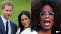 This combination of file pictures shows Britain's Prince Harry and Meghan Markle at Kensington Palace in November 2017 and media executive Oprah Winfrey in New York on May 15, 2019.
