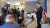 US Secretary of State Marco Rubio speaks to the media during a refueling stop at Shannon Airport in Shannon, Ireland, March 12, 2025. (Saul Loeb/Pool Photo via AP)