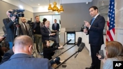 US Secretary of State Marco Rubio speaks to the media during a refueling stop at Shannon Airport in Shannon, Ireland, March 12, 2025. (Saul Loeb/Pool Photo via AP)