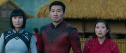 This image released by Marvel Studios shows Meng'er Zhang, Simu Liu and Awkwafina in a scene from 'Shang-Chi and the Legend of the Ten Rings.'