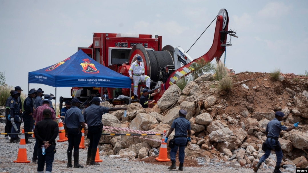 Members of the South African police, patrol as they guard the mine shaft where rescue operations are ongoing as attempts are made to rescue illegal miners who have been underground for months in Stilfontein, South Africa, Jan. 14, 2025.