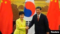 지난 6월 중국 베에징에서는 박근혜 한국 대통령(왼쪽)과 시진핑 중국 국가주석의 정상회담이 열렸다. (자료사진)