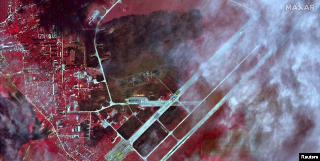 An infrared overview of Saki Airbase showing the extent of fire after attack, in Novofedorivka, Crimea August 10, 2022 . (Maxar Technologies/Handout via REUTERS)