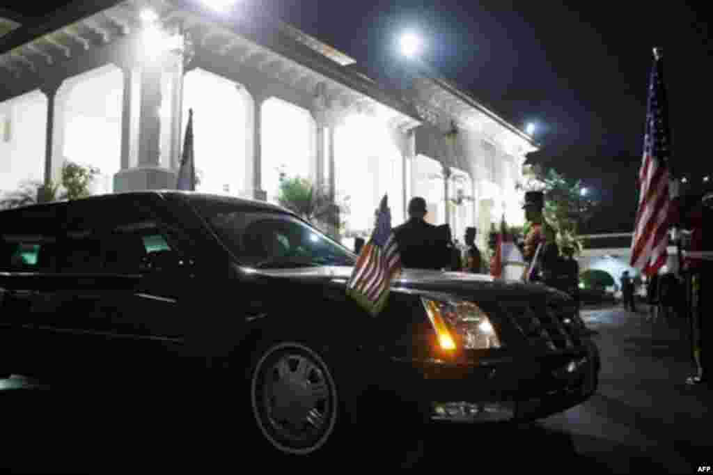 A presidential limousine is parked in front of the Istana Merdeka, or "Freedom Palace" as President Barack Obama and first lady Michelle Obama attend a state dinner hosted by Indonesian President Susilo Bambang Yudhoyono, in Jakarta, Indonesia, Tuesday, N