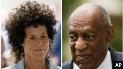 FILE – Combination photos show Andrea Constand (L) walking to the courtroom during Bill Cosby's sexual assault trial June 6, 2017, at the Montgomery County Courthouse in Norristown, Pa.; and Bill Cosby (R) arriving for his sexual assault trial June 16, 2017.