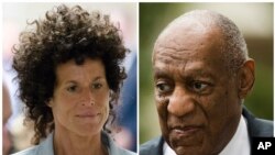 Photos combinées d'Andrea Constand et de Bill Cosby à l'entrée du tribual le 6 juin 2017, Norristown, Pennsylvanie.