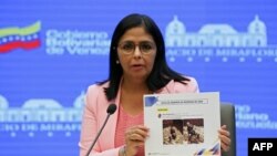 델시 로드리게즈 베네수엘라 부통령이 26일 TV 기자회견에서 영국중앙은행에 보관 중인 금괴 사진을 들어보였다. 베네수엘라 정부는 신종 코로나사태 대응을 위해 금괴 인출을 추진하고 있다.