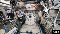 NASA astronaut Anne McClain checking out the new Astrobee hardware