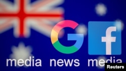 Google and Facebook logos, words "media, news, media" and Australian flag are displayed in this illustration taken, Feb. 18, 2021.