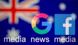 Google and Facebook logos, words "media, news, media" and Australian flag are displayed in this illustration taken, Feb. 18, 2021.