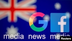 Ilustracija - Logoi Gugla i Fejsbuka uz zastavu Australije uz reči "Mediji, vesti mediji" 