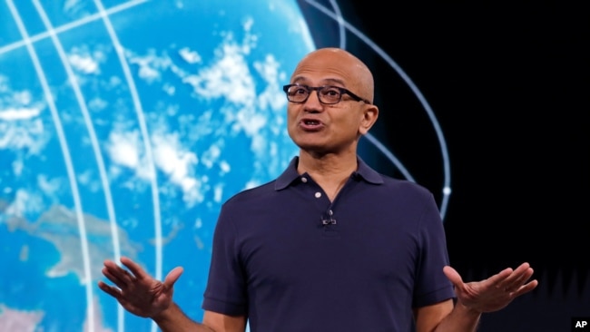 FILE - Microsoft CEO Satya Nadella delivers the keynote address at Build, the company's annual conference for software developers, in Seattle, May 6, 2019.