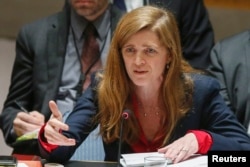 FILE - United States Ambassador to the United Nations Samantha Power addresses members of the U.N. Security Council.