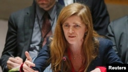 FILE - Samantha Power, the U.S. ambassador to the United Nations, says Russia's call for a review of an apparently errent U.S. bombing in Syria was a "stunt" designed to divert public attention from Syrian government atrocities.
