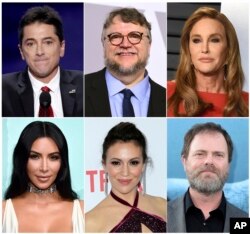 This combination photo shows celebrities, top row from left, Scott Baio, Guillermo del Toro, Caitlyn Jenner and bottom row from left, Kim Kardashian, Alyssa Milano and Rainn Wilson.
