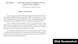 Thông báo của Bộ Tư pháp Việt Nam về vụ Trịnh Vĩnh Bình kiện chính phủ VN, ngày 12/4/2019. Bộ Tư pháp VN