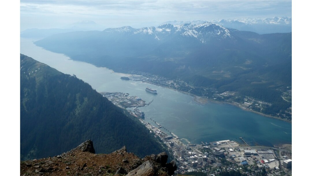Cruise ships near downtown Juneau, Alaska, in May 2019, in this view from from Mount Juneau.