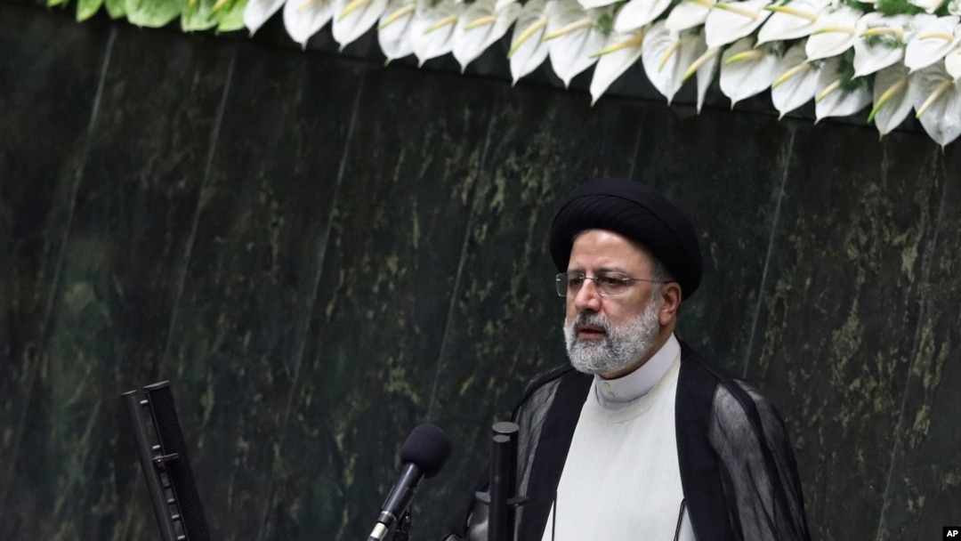 FILE - President Ebrahim Raisi speaks after taking his oath of office in Tehran, Iran, Aug. 5, 2021. He said Sept. 4. that trying to revive the Iran nuclear deal "is on the government's agenda, but not under pressure" from the West. 